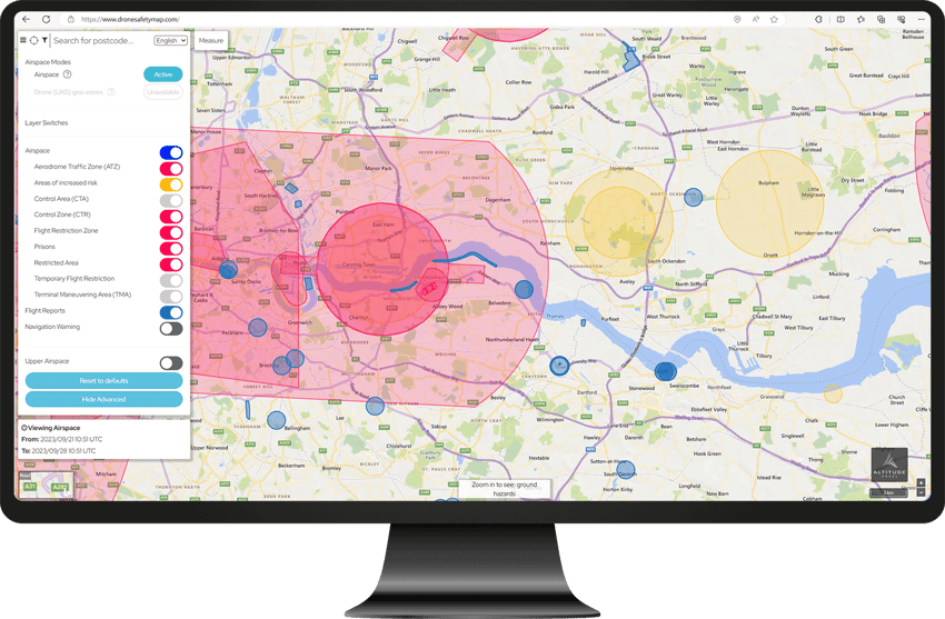 Drone Safety Map view of airspace restrictions over London with optional airspace filters