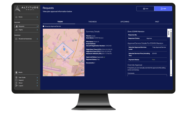 GuardianUTM approval service request screen for drone operations