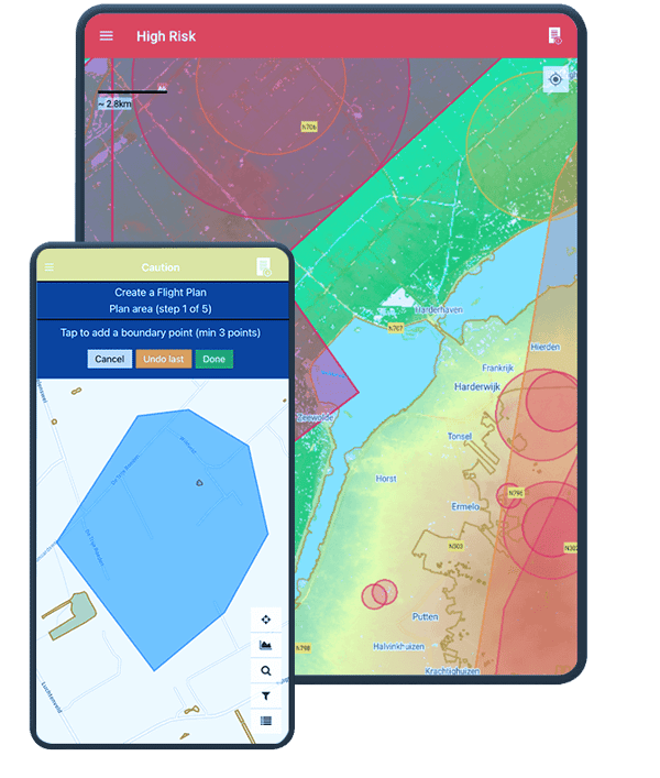 Planning flight with airspace restrictions shown on GoDrone app