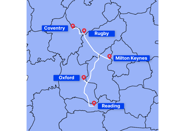 Map of project skyway route from Reading to Coventry